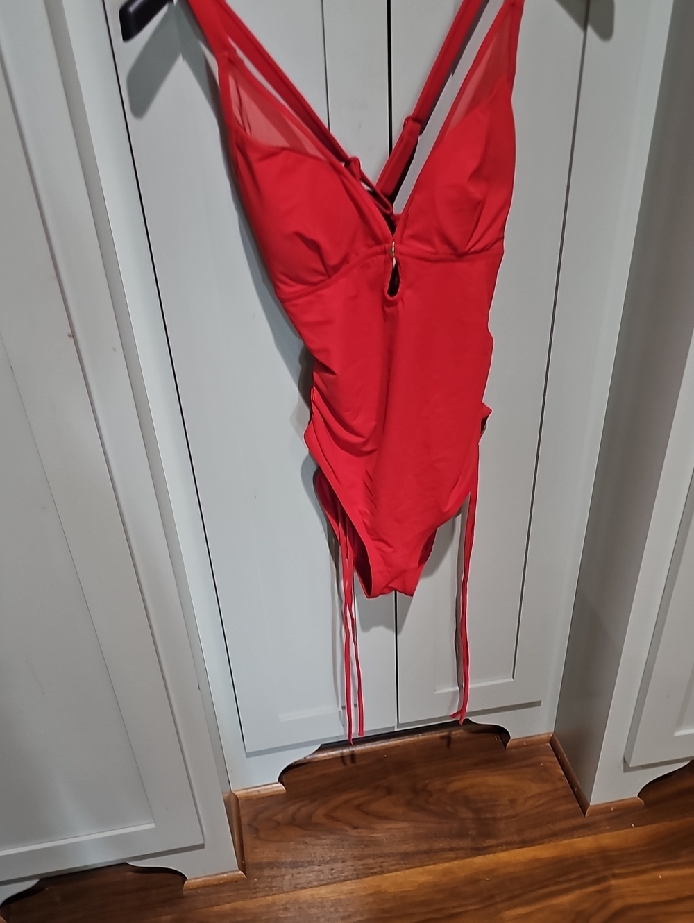 Red V-Neck Women’s Swim Bodysuit